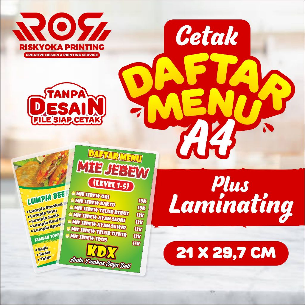 

CETAK MENU MAKANAN/MINUMAN BAHAN A4 + LAMINATING(DILUAR DESAIN)