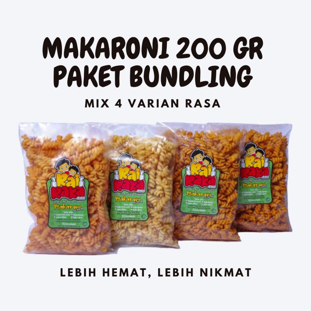 

MAKARONI SPIRAL 200 GRAM PAKET BUNDELING 4 PCS (MIX 4 VARIAN RASA) (Free Kardus & Bubble Warp)
