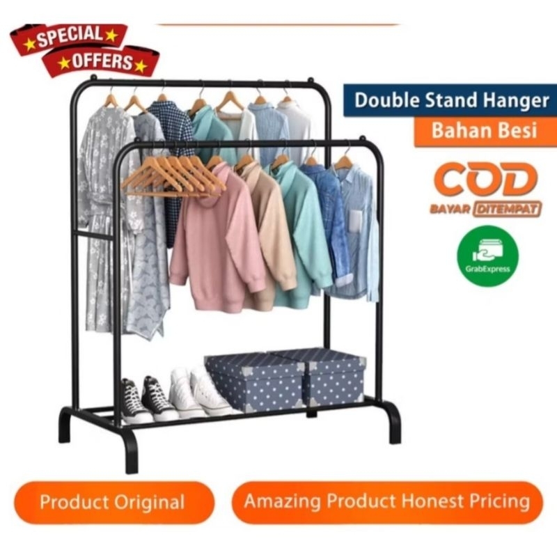 Double Stand Rak Baju Gantungan Jemuran Baju Besi Stand Hanger