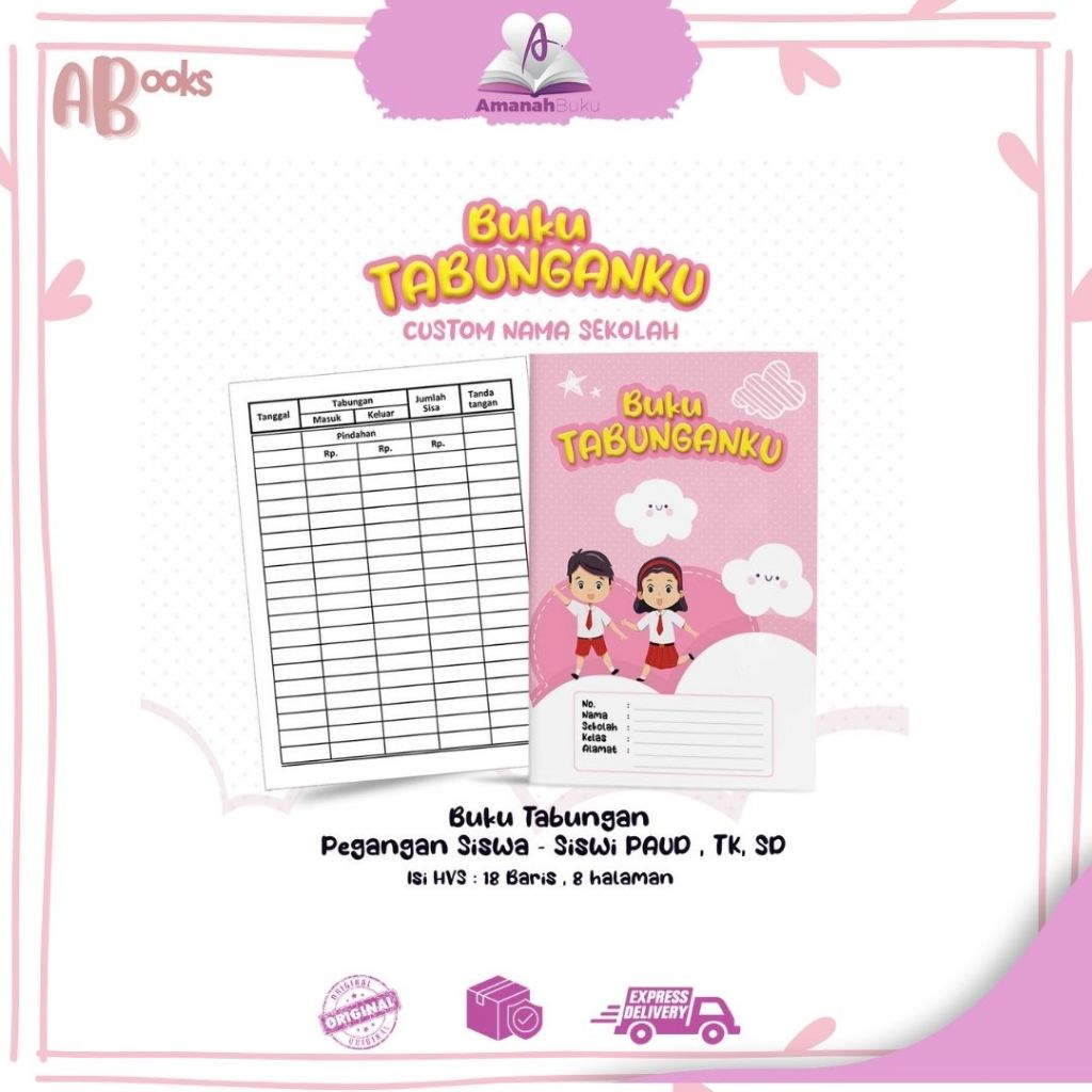 

AB/Buku Tabungan Custom Nama+Cover & Lembaga Sekolah Berserta Alamat Tabungan Sekolah PAUD, TK, SD Warna Pink Awan