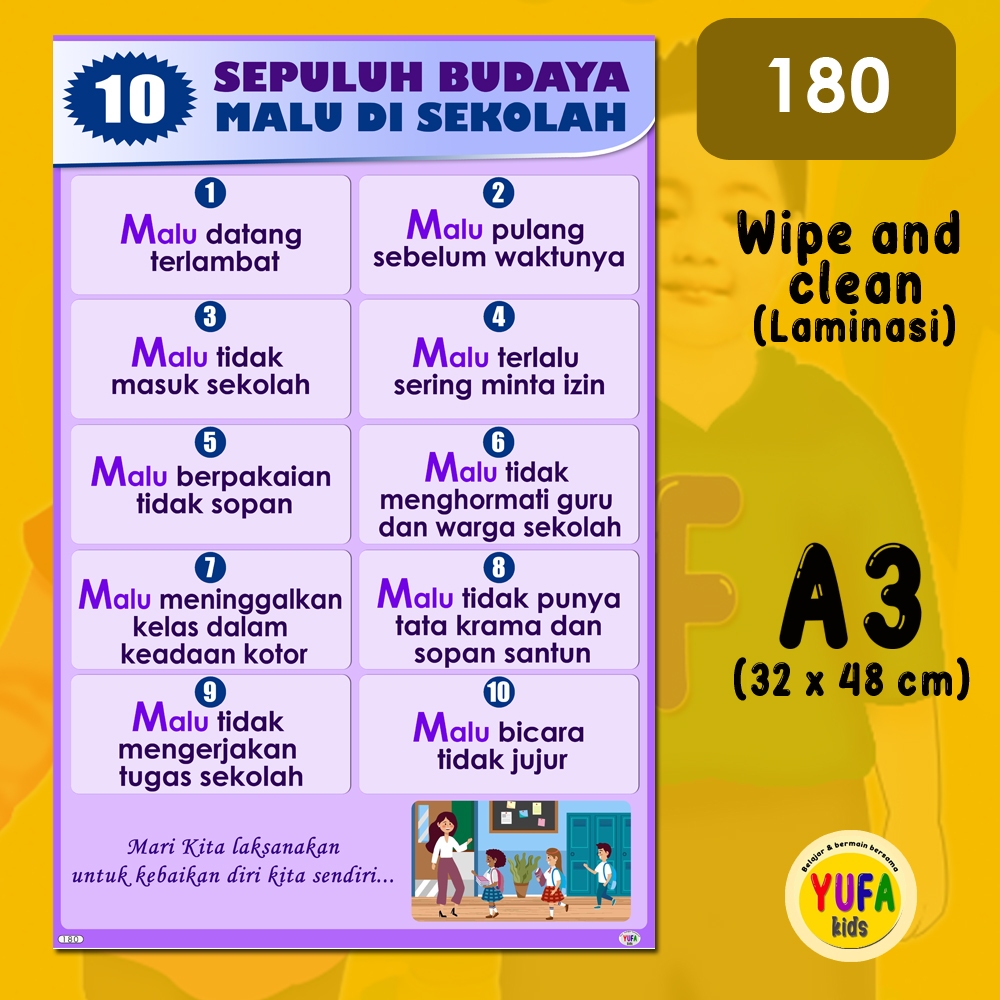 180 Poster 10 budaya malu di sekolah - Poster Edukasi Anak - Poster belajar anak - Poster wipe and c
