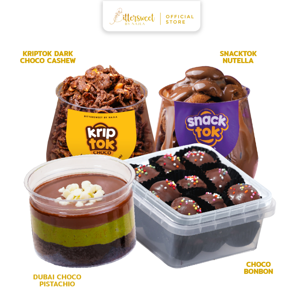 

Dubai Choco Pistachio + Snacktok Full Cookies Nutella + Choco Bonbon + Kriptok Dark Choco Cashew