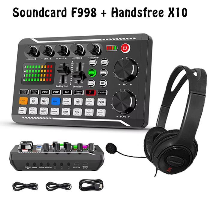 KMP - Paket Sound Card F998 + Handsfree X10 Gaming Live Streaming Laptop Handphone