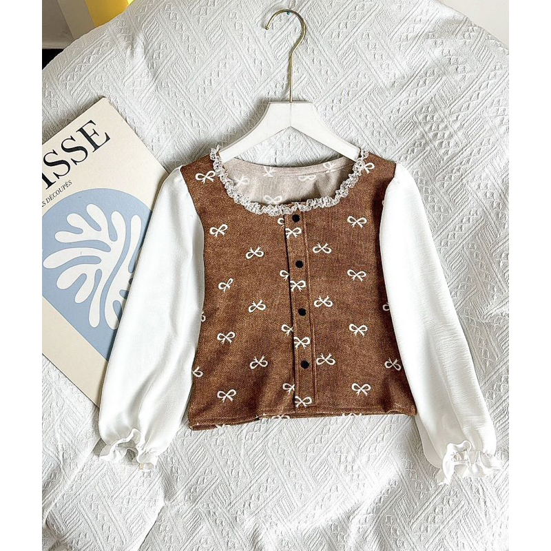 Dya369 GFS Pita Ribbon Blouse Suede Combi Crepe