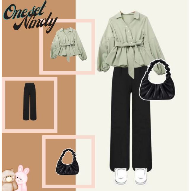 One Set Nindy Blouse+Celana+Tas kekinian (Ootd Kerja Simple & Keren)