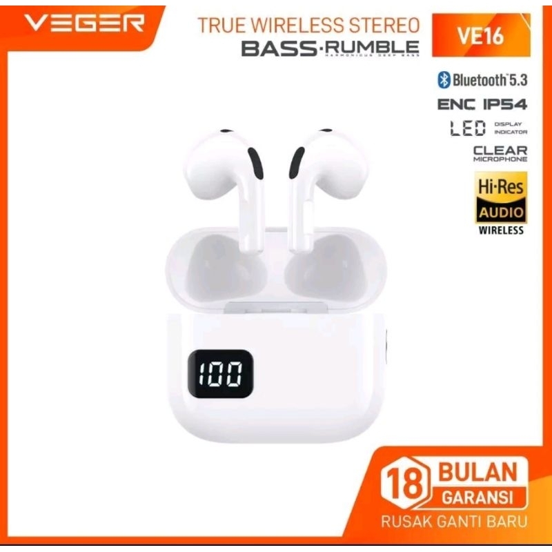 TWS WIRELESS/AIR PODS BLUETOOTH VEGER VE16 BASS RUMBLE LED DISPLAY V5.3