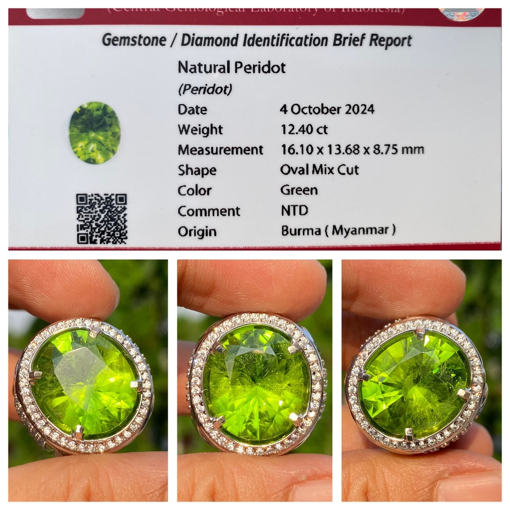 Natural 12.40ct jumbo green peridot myanmar burma