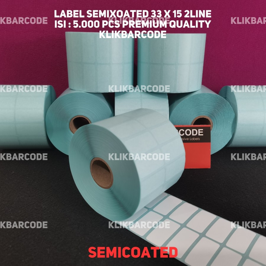 

33 X 15 SEMICOATED - 2 LINE - FACE IN - ISI 5.000 PCS || CORE 1" || LABEL BARCODE PAKAI RIBBON THERMAL TRANSFER STIKER LABEL