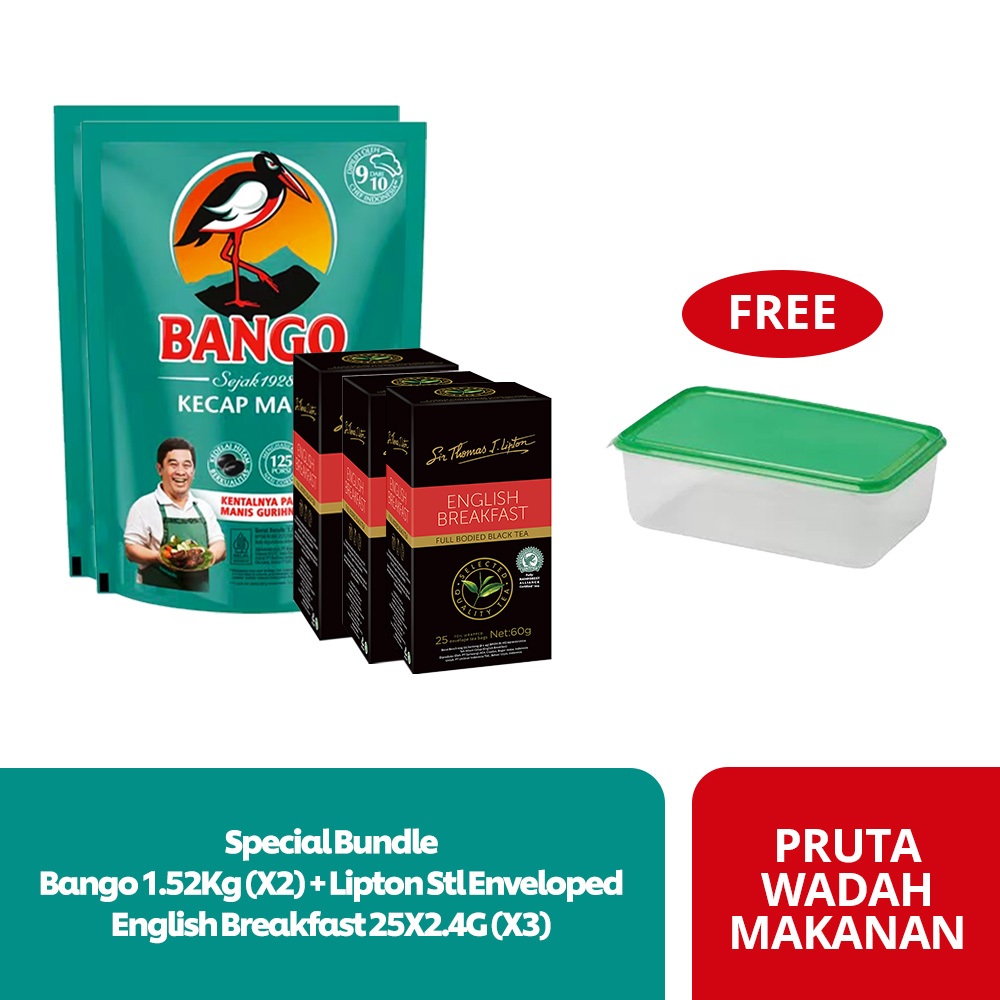 

Bango Kecap Manis Pouch 1.52Kg (X2) + Lipton Stl Enveloped English Breakfast 25X2.4G (X3) Free Gift - PRUTA Wadah Makanan 1.9L