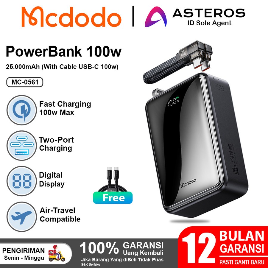 MCDODO MC-0561 Powerbank 25.000mAh 100w Fast Charging Built in Cable Type C PD QC Power Bank 25000Ma