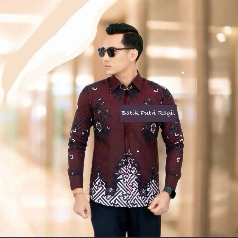 PRABU BURGUNDY MAROON PREMIUM Batik Pria Lengan Panjang / Kemeja Pria Lengan Panjang