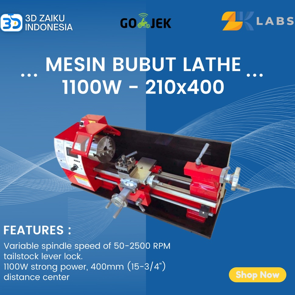 Mesin Bubut Lathe Kayu Besi 1100W Brushless 210x400 125mm Chuck