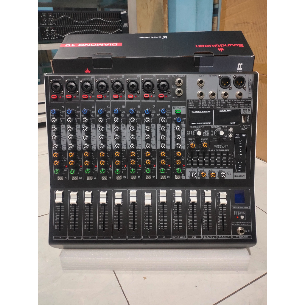MIXER AUDIO SOUNDQUEEN DIAMOND 10 original 10ch 8 mono 2 stereo sudah ada compress efek 256 dsp gara