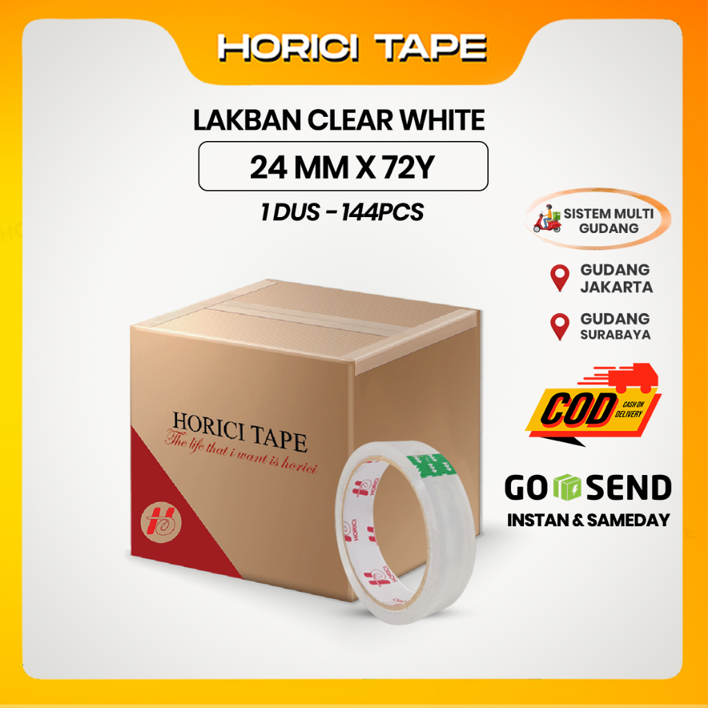 

HORICI 1 Dus Lakban Isolasi Bening 24MM x 72Y 45 Micron 144Pcs tersedia grosir dan instan