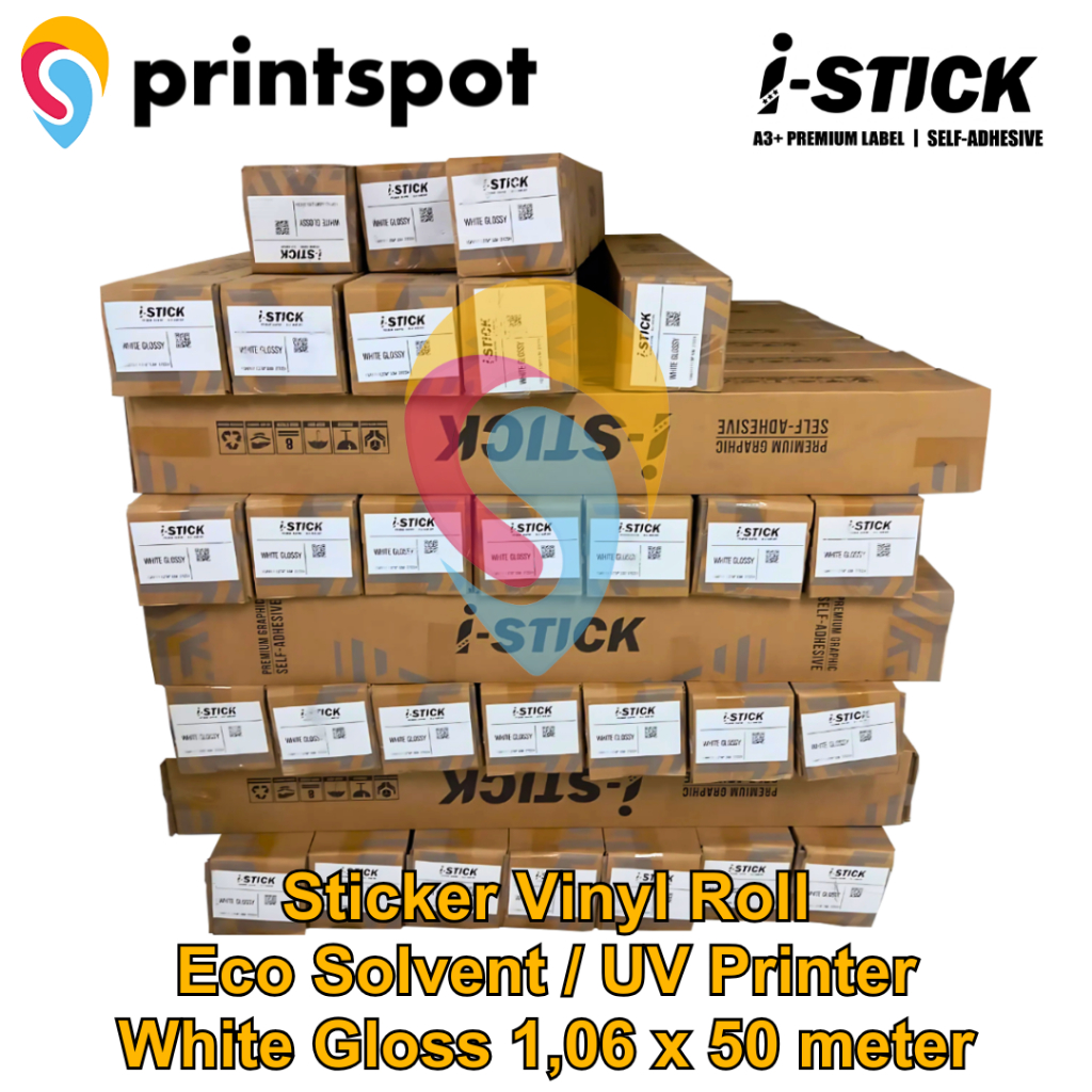 

i Stick Sticker Vinyl Roll Indoor Outdoor Digital Print Inkjet Eco Solvent UV Stiker White Gloss Panjang 50 m Lebar 1.06 m