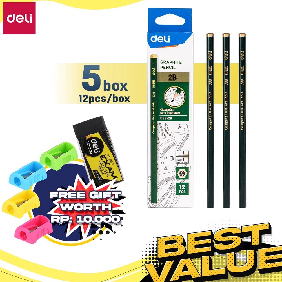 

ART I4M8 Deli Paket Kombo ATK Ekonomis 6 pcs Pensil Kayu 2B Gratis Rautan Penghapus EC882B