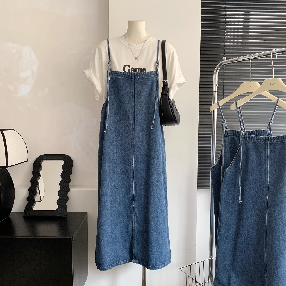 Rose Overall Jeans Wanita Korean Style Skirt Midi Long Rok w V1J2