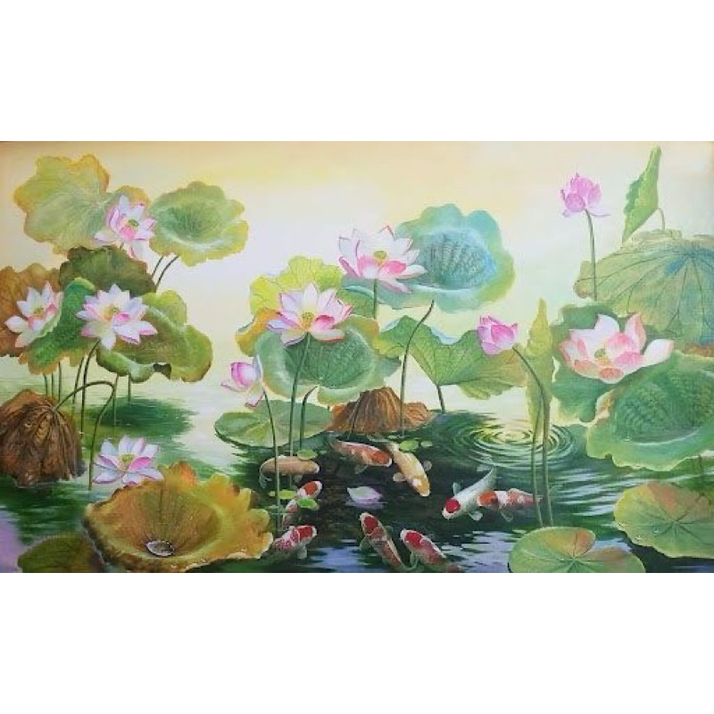 Hiasan dinding plus bingkai uk:35cm x 53cm Lukisan cetak bunga teratai dan ikan koi