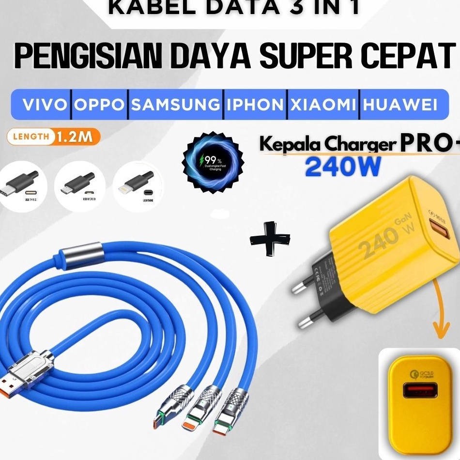 Terlaris Dapat Charger CepatKABEL Data 3 IN 1 Fast Charging 24W 6A Type C MICRO USB IOS LIGHTNING 12