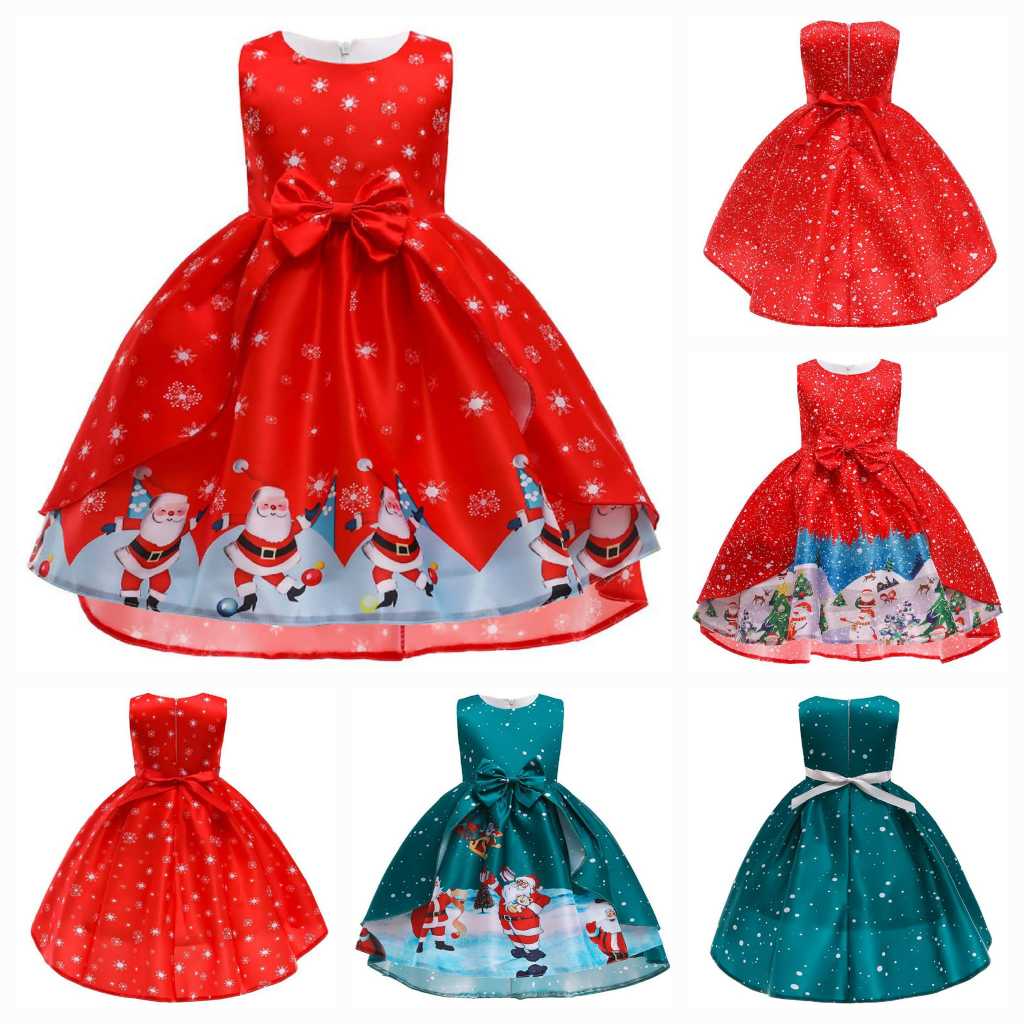 Dress Gaun Natal Christmas Anak Perempuan Merah, Hijau Satin