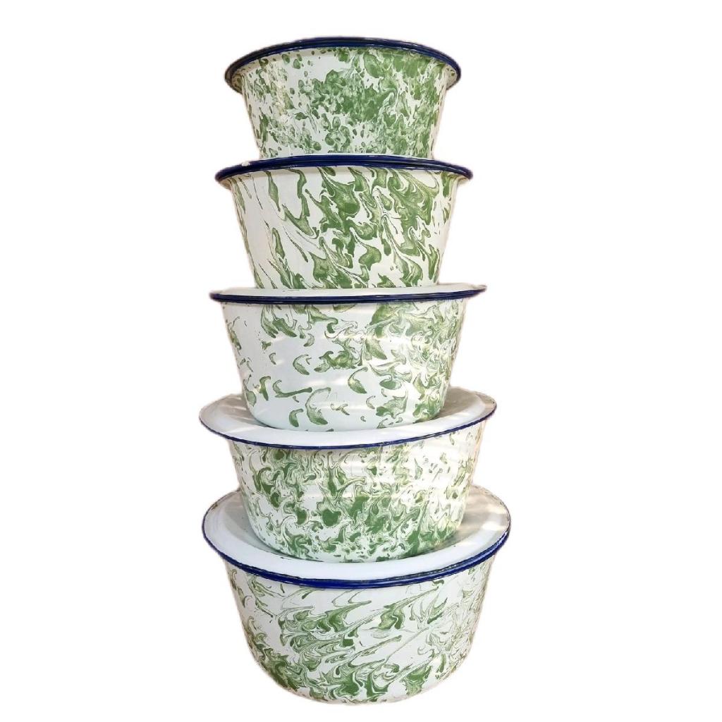 Mangkok Tutup Enamel Lurik Hijau