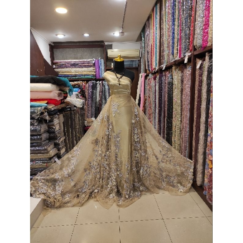 kain Tile Brokat Bunga Timbul Impor Korea Premium 57240003-Gold