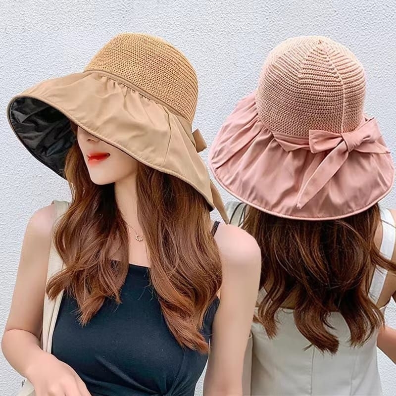 TOPI PANTAI WANITA ANTI UV IMPORT SUMMER HAT WANITA LIPAT