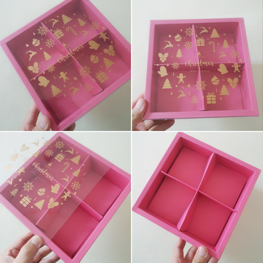 

1 Pack Isi 5 Pcs Dus Parcel Natal Mika Sekat 4 Magenta Box Motif Christmas Ukuran 8.5x8.5x5 Cm
