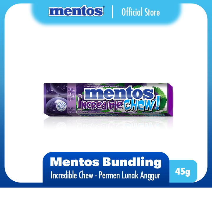 

Mentos Incredible Chew Grape 45g - Permen Karet Rasa Anggur (1 stick)