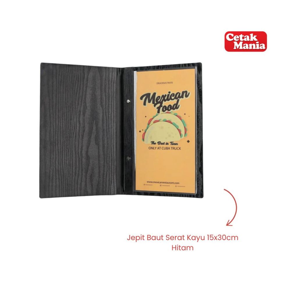 

Cetak Mania - Buku Menu Kayu Vinyl Jepit Baut Isi Plastik Mika 15x30 Hitam - Cafe, Coffee Shop, Restoran, Hotel