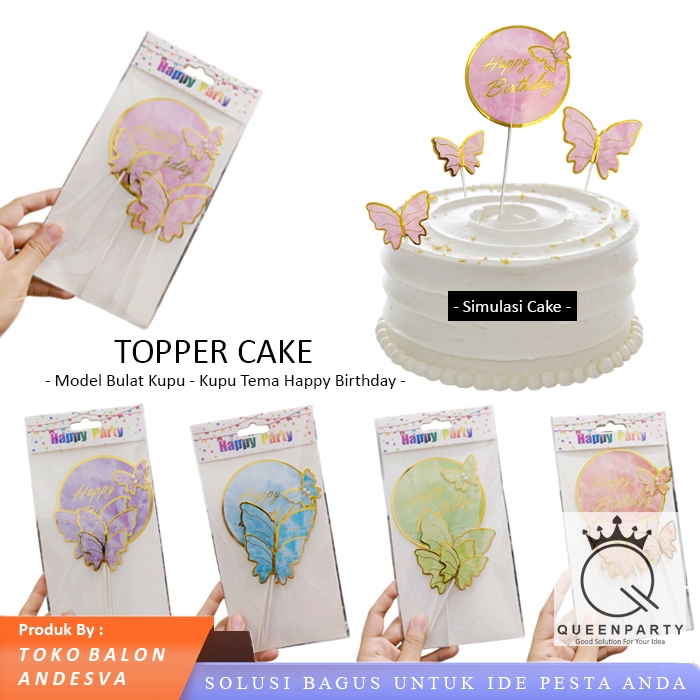 Topper Cake HBD Bulat Kupu Kupu / Hiasan Kue Topper HBD kupu kupu / Cake Topper HBD Kupu kupu Bulat