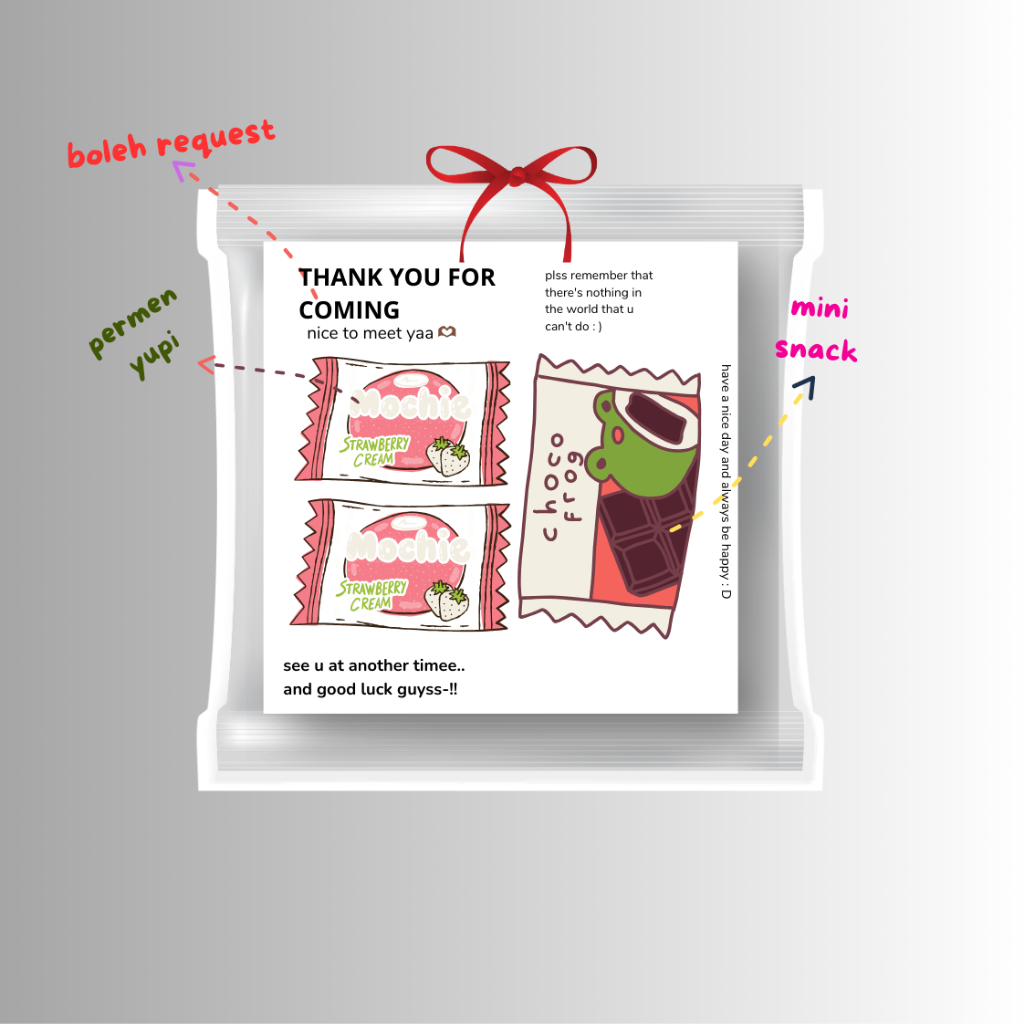 

mini gift snack | hadiah | hampers | freebies | momogi | pillows | yupi | acara | jajan | cemilan | souvenir