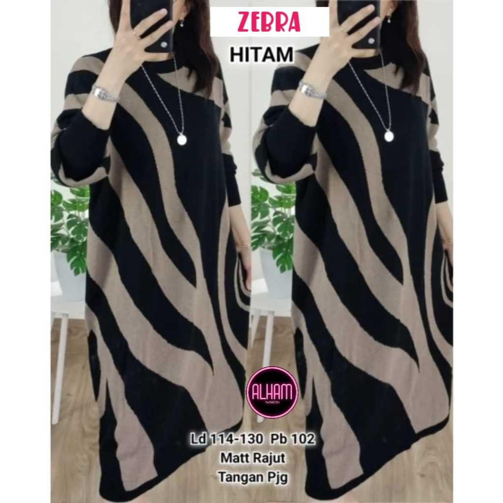 Zebra Tunik Dress Rajut Gamis Wanita Harian LD 110 - 130 Knit Import Tebal Adem Korean Style