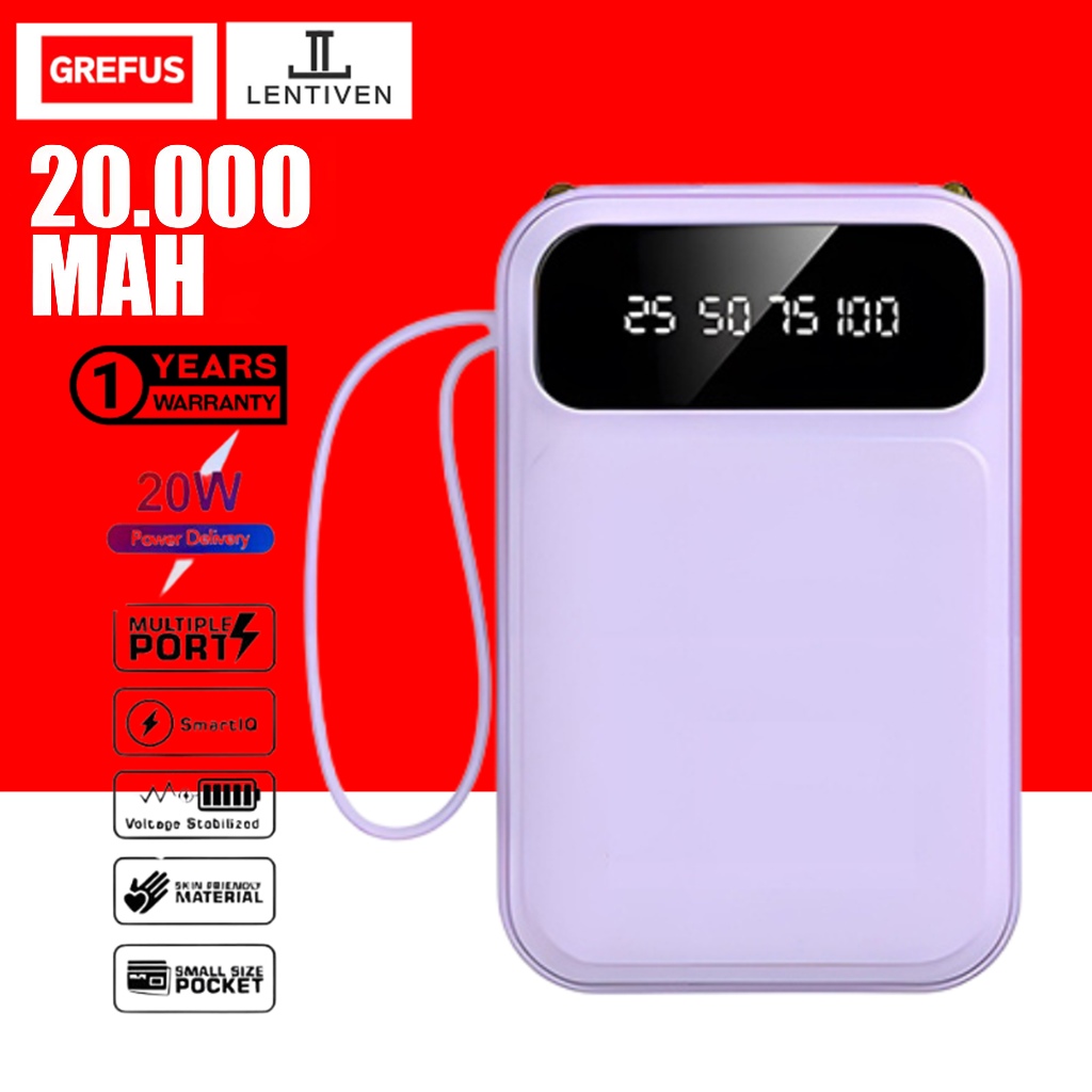 GREFUS LENTIVEN Powerbank 20000mAh Mini With 4 usb fast charging LED Senter Display