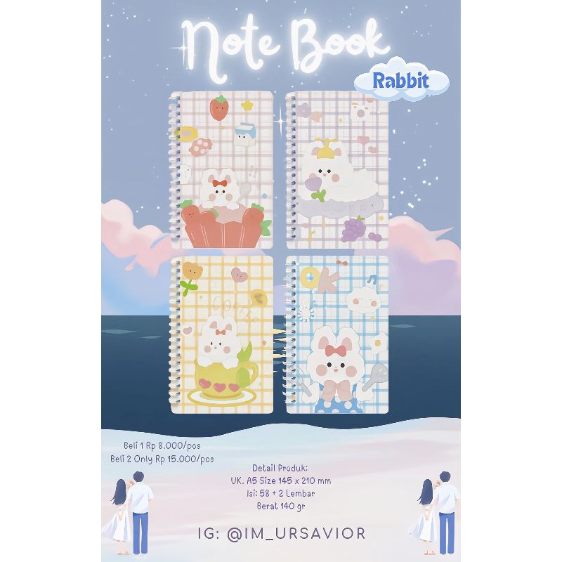 

Buku Catatan Notebook A5 Size 145 x 210 mm isi 58 + 2 lembar (RABBIT)