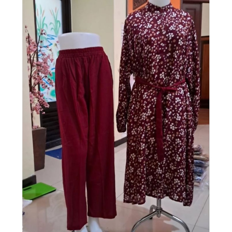 ONESET TUNIK CELANA/ SETELAN TUNIK CELANA ZARA MAROON BUNGA