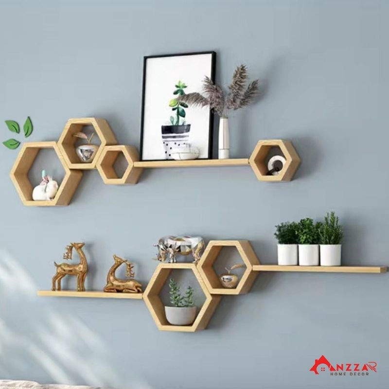 Rak Dinding Hiasan Hexagonal Aesthetic Kayu Jati Belanda