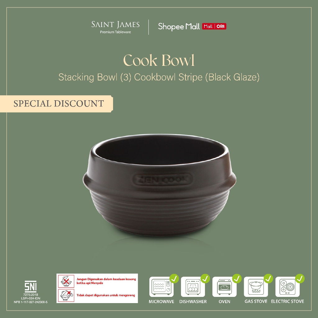 Saint James Stacking Bowl (3) Cook Bowl Stripe (Black Glaze)