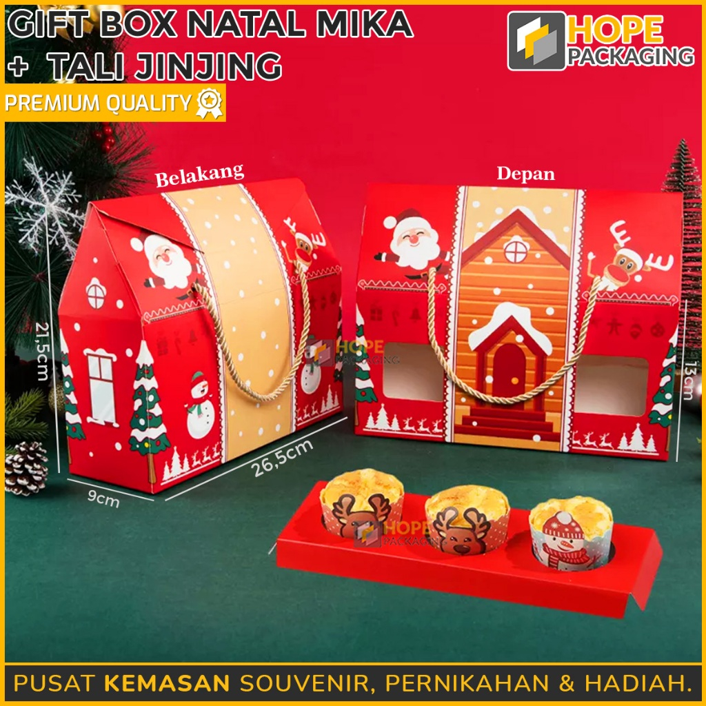 

Gift Box Natal + Tali Size : 26.5x 9x 21.5 cm / Tas Jinjing / Box Cupcake Natal Bentuk Rumah / Box Muffin 3 Lubang / Box Hampers Natal