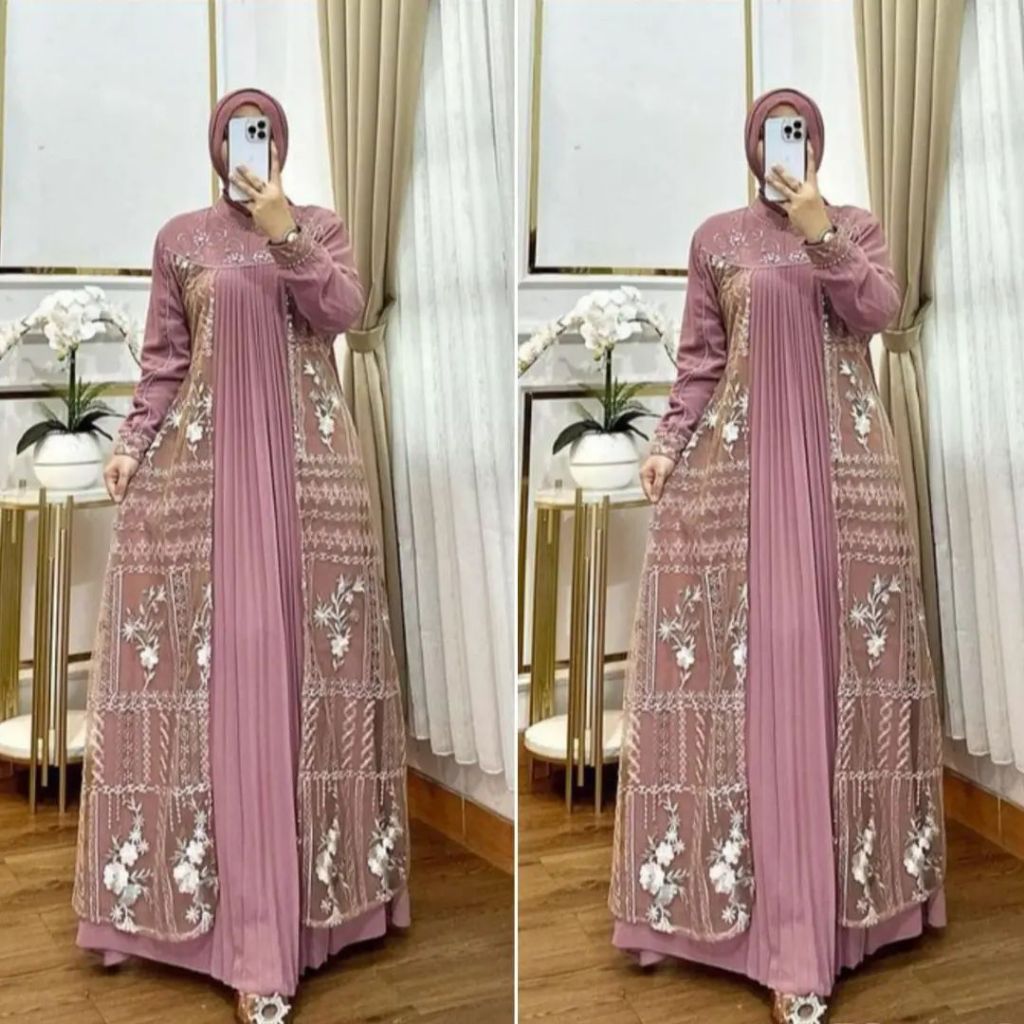 TERLARIS ARUMI DRESS M L XL Bahan Ceruty Baby Doll Mix Brukat / Dress Brokat Kondangan Mewah Elegan 
