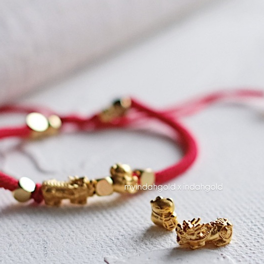 Pixiu + Lucky Cat Lucky Charm Emas 24k HK Hongkong 999% Gelang Tali Emas Asli Charm - Gold Bracelet 
