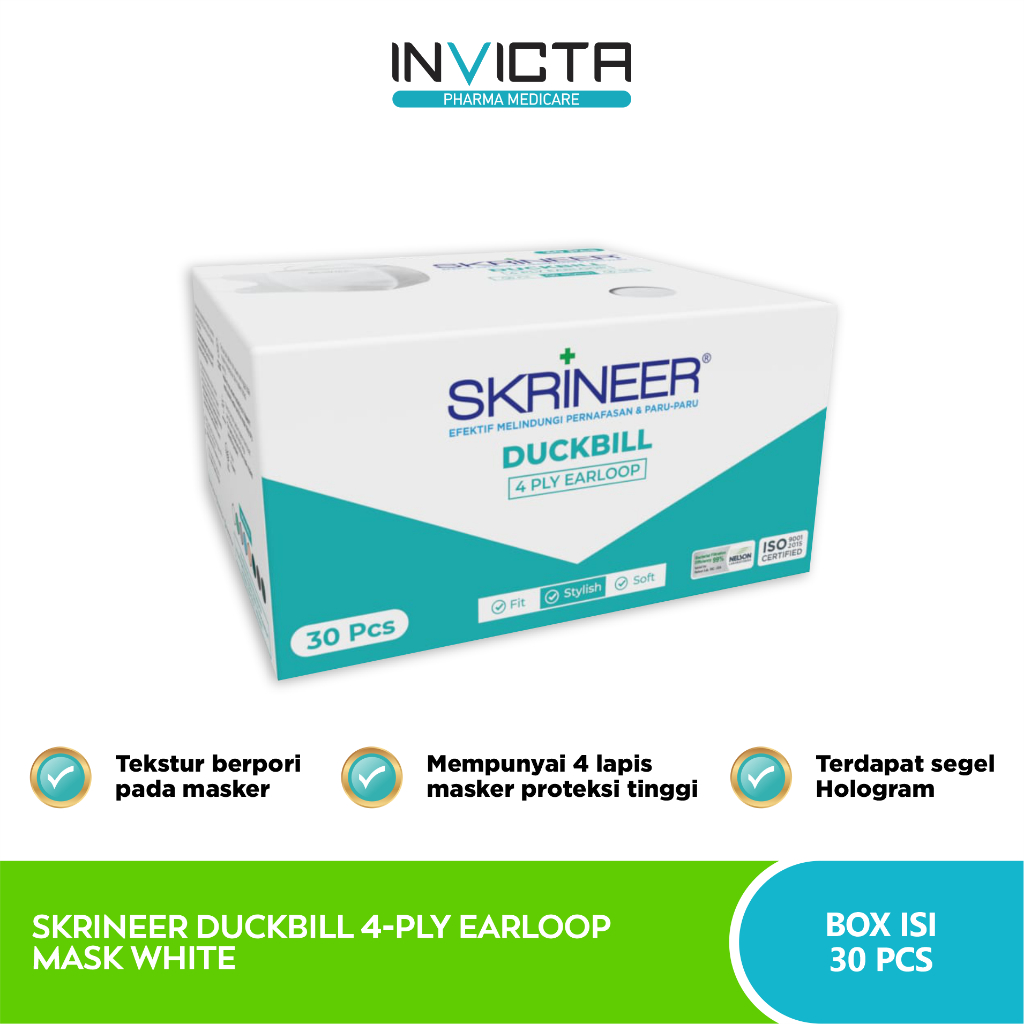 Skrineer Masker Duckbill 4-Ply Earloop Putih Isi 30