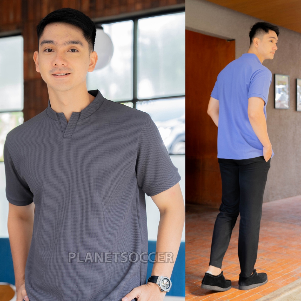 ARIZU Baju Atasan Pria Lengan Pendek Bahan Waffle Knit Berkerah V Neck