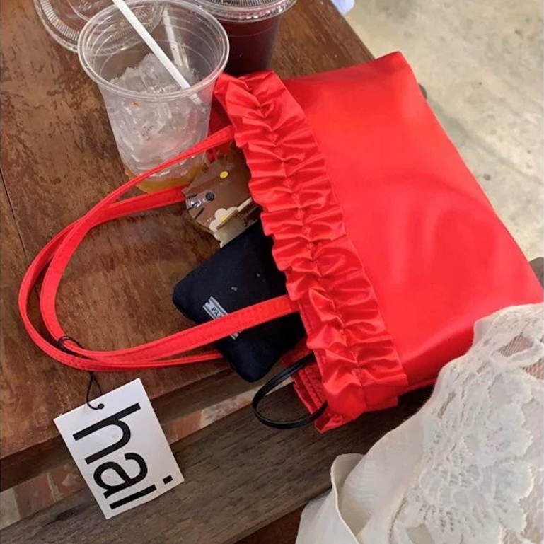 Tas Ruffle Merah Hot Red / Tas fashion bag warna merah / Tas Satin Red Merah Maroon / Tas coquette t