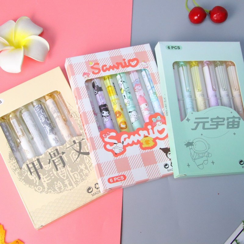 

Pulpen Karakter Gel Hitam / Pen Cetek Retro Set 6 Pcs
