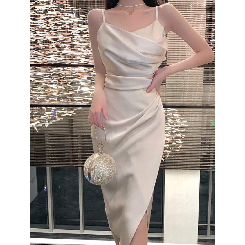 LUXENTIC- TS0092 BRIELLA SILK DRESS SLING SLIT MIDI DRESS IMPORT