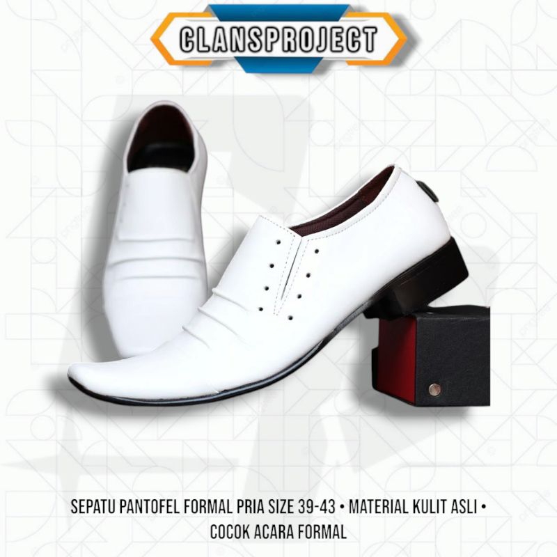 SEPATU FORMAL PUTIH HITAM | Sepatu Pantofel Pria kulit Sepatu Pria Slip On Kerja Kondangan