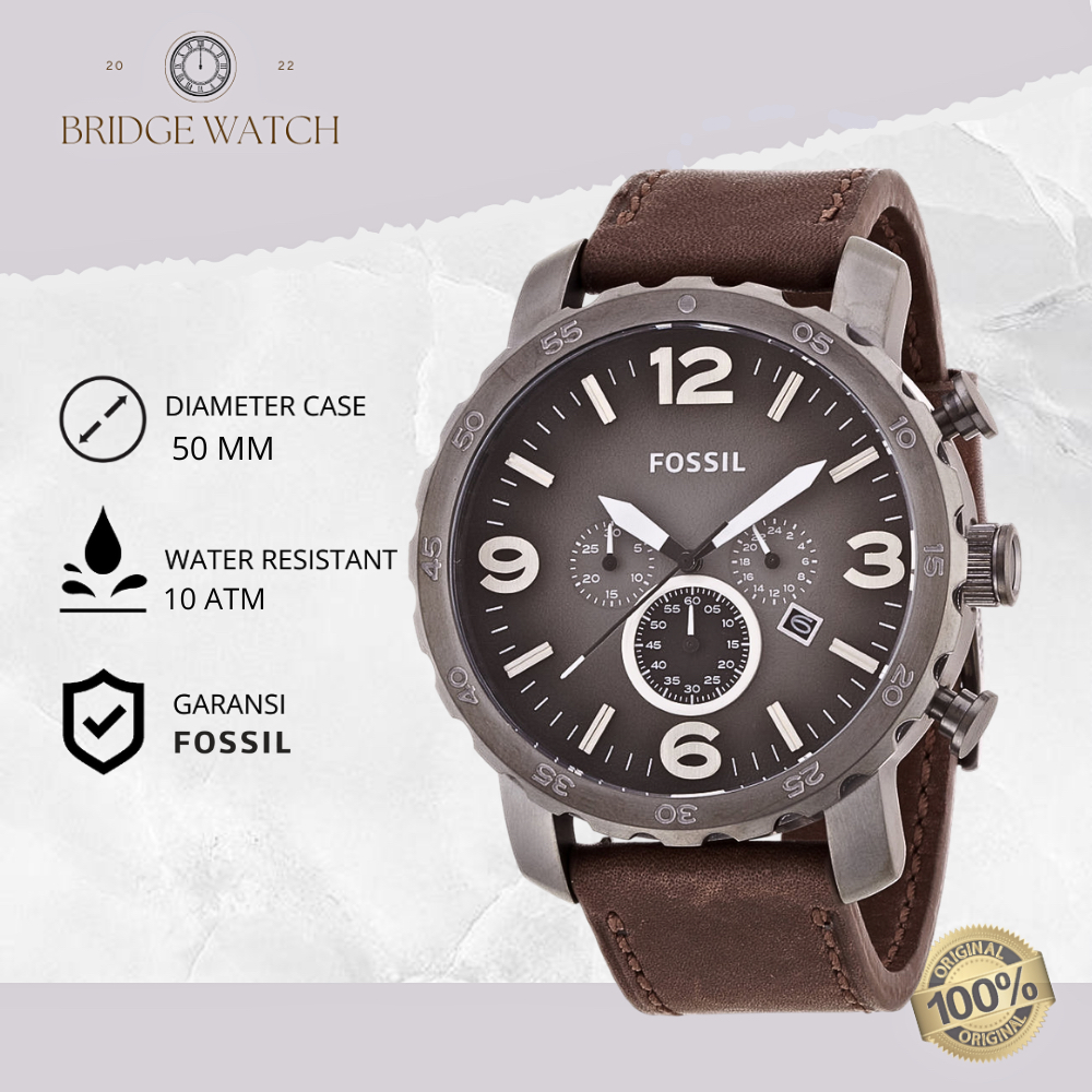 Jam Tangan Pria Fossil JR1424 Nate Chronograph Brown Leather Strap Kulit Sporty Original