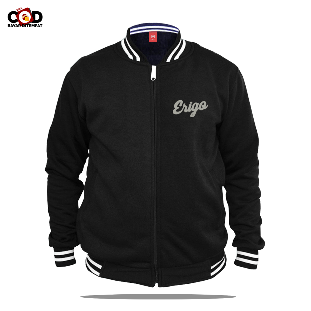 Anzdistro - Jaket Baseball Varsity Resleting Erigo Text Silver - Jaket Baseball Pria Wanita Terbaru