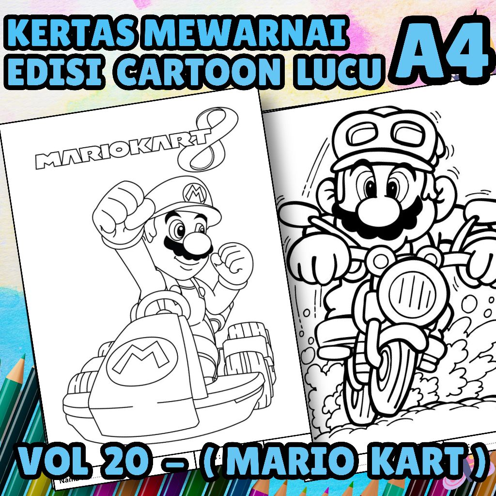 

MEDIA KERTAS KREATIFITAS MEWARNAI ANAK A4 DENGAN PRINT CETAK BUKAN COPY - MEDIA WARNA KARACTER KARTUN LUCU - CARTOON MARIO KART -MAINAN CIKARANG